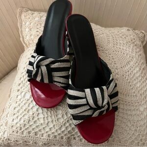 Striped Bow Slide Chunky Heel Sandals in Black, White & Red